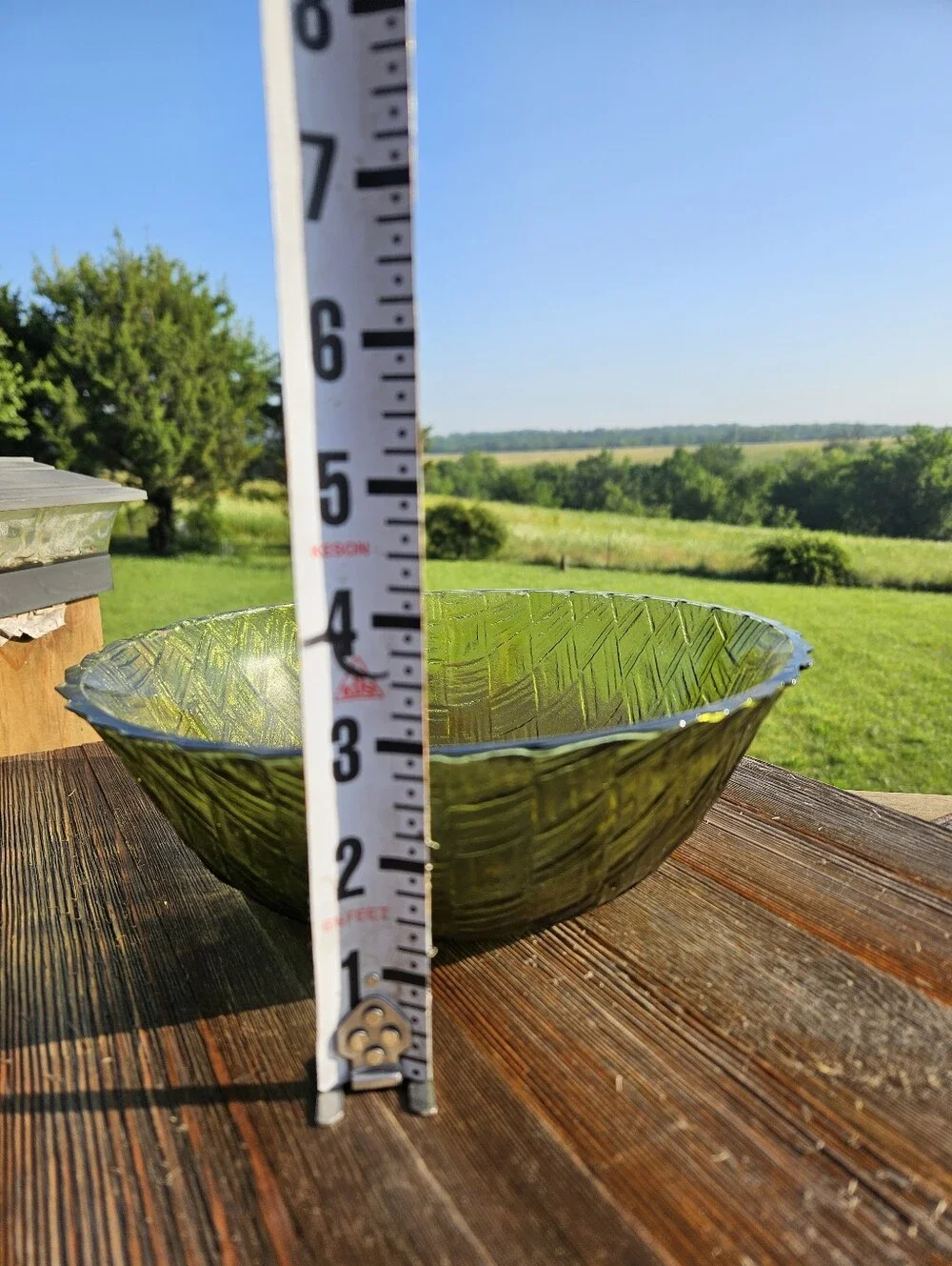 Green glass bowl with textured woven pattern  #glassware mid-century modern